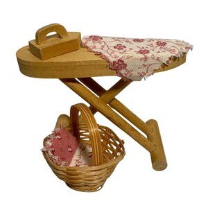 Miniature Wooden Ironing Board & Basket Iron Floral Cloth Dollhouse Laundry Room